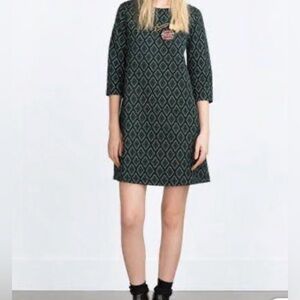 ZARA Green Black Geometric Print Shift Dress size L